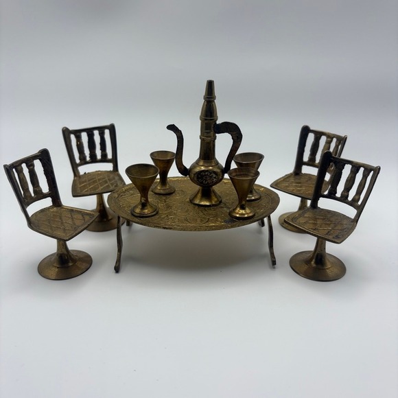 Other - Vintage Miniature Brass Tea Coffee Set Table 4 Chairs Teapot 4 Cups Dollhouse